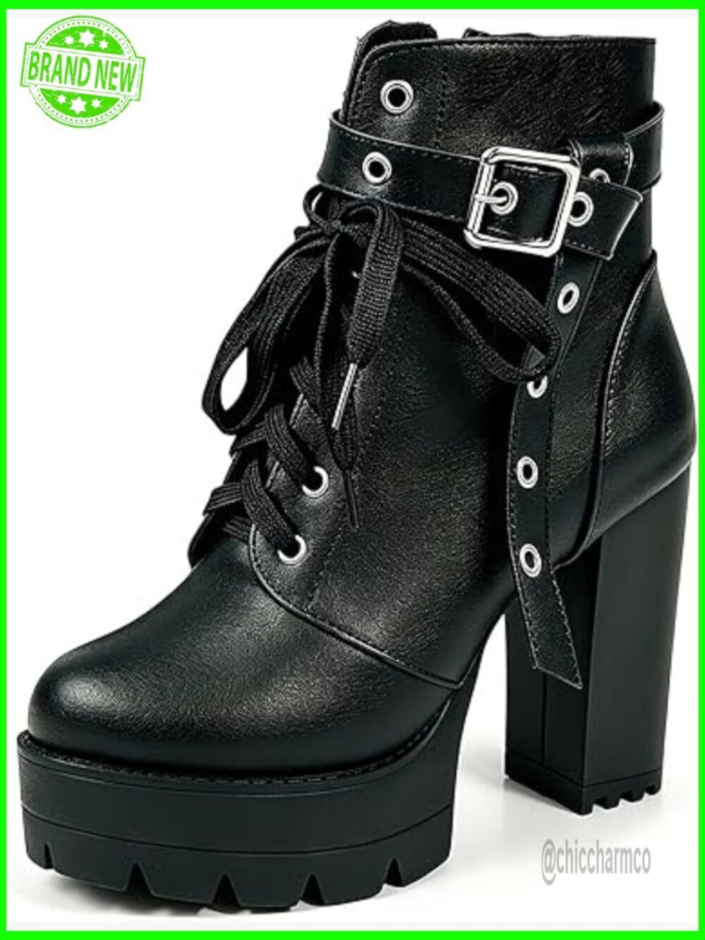 Black High Heel Platform Ankle Boots Chunky Heeled Lace Up Goth Shoes